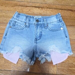Blue and Pink High-Waisted Jean Shorts with Distressing